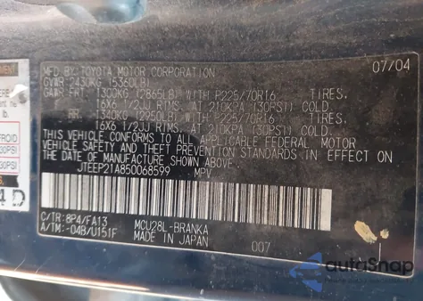 2005 Toyota Highlander V6 z USA, uszkodzony, nr VIN JTEEP21A850068599